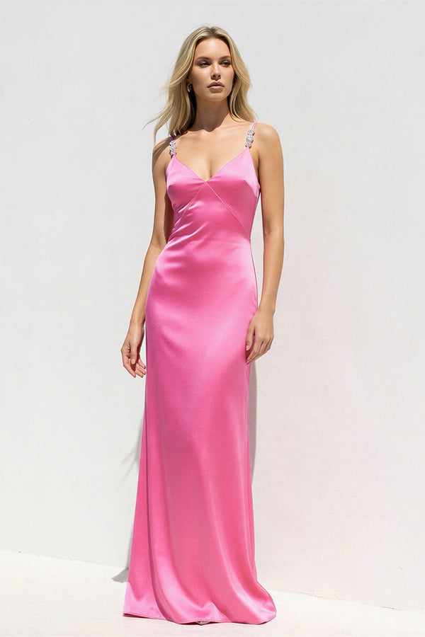 V Neck Sheath Maxi Dress With Beading in BonBon Pink - SHE IS ME PROM DRESSES