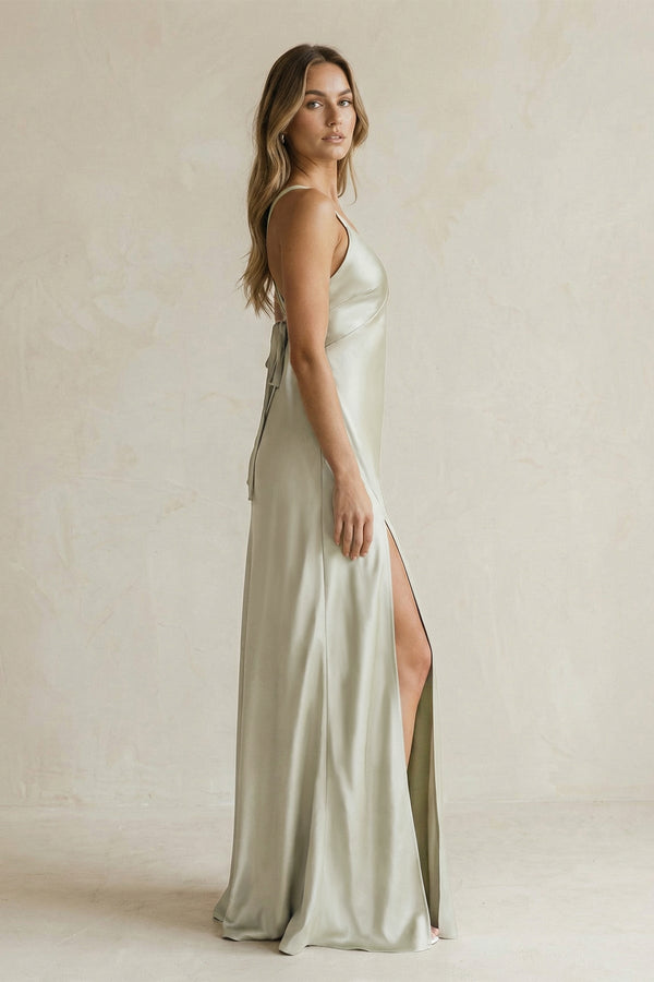 V - Neck Sheath Satin Bridesmaid Dress With Slit in Frost - SHE IS ME Bridesmaid Dresses