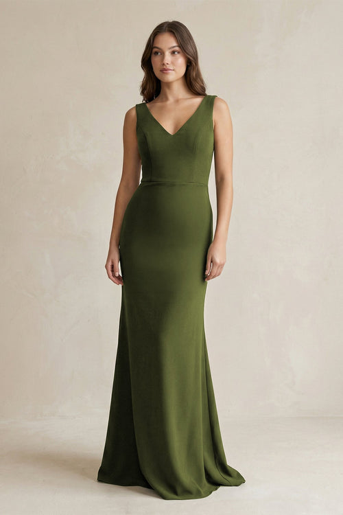 V - Neck Sheath Satin Maxi Bridesmaid Dress in Olive - SHE IS ME Bridesmaid Dresses
