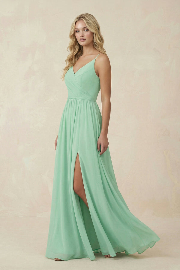 V-Neck Spaghetti Strap A-Line Chiffon Bridesmaid Dress in Pale Pistachio - SHE IS ME BRIDESMAID DRESSES