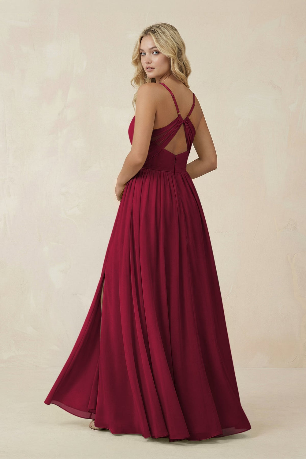 V - Neck Spaghetti Strap A - Line Chiffon Bridesmaid Dress in Berry - SHE IS ME Bridesmaid Dresses