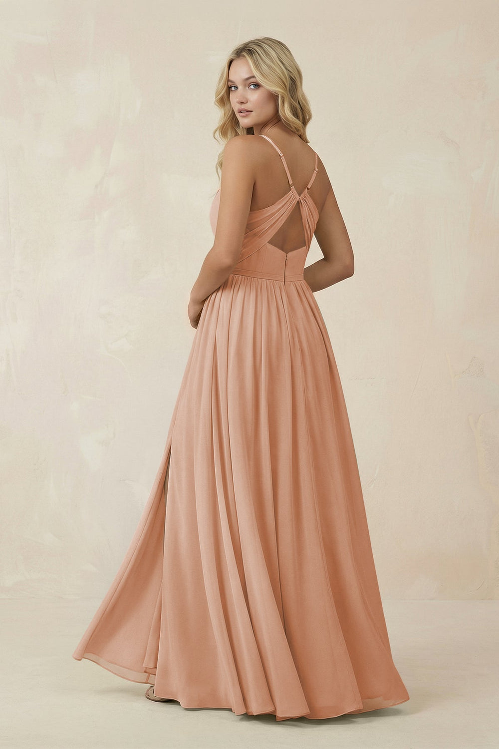 V - Neck Spaghetti Strap A - Line Chiffon Bridesmaid Dress in Champagne Rose - SHE IS ME Bridesmaid Dresses