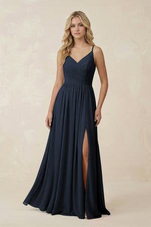 V - Neck Spaghetti Strap A - Line Chiffon Bridesmaid Dress in Dark Navy - SHE IS ME Bridesmaid Dresses