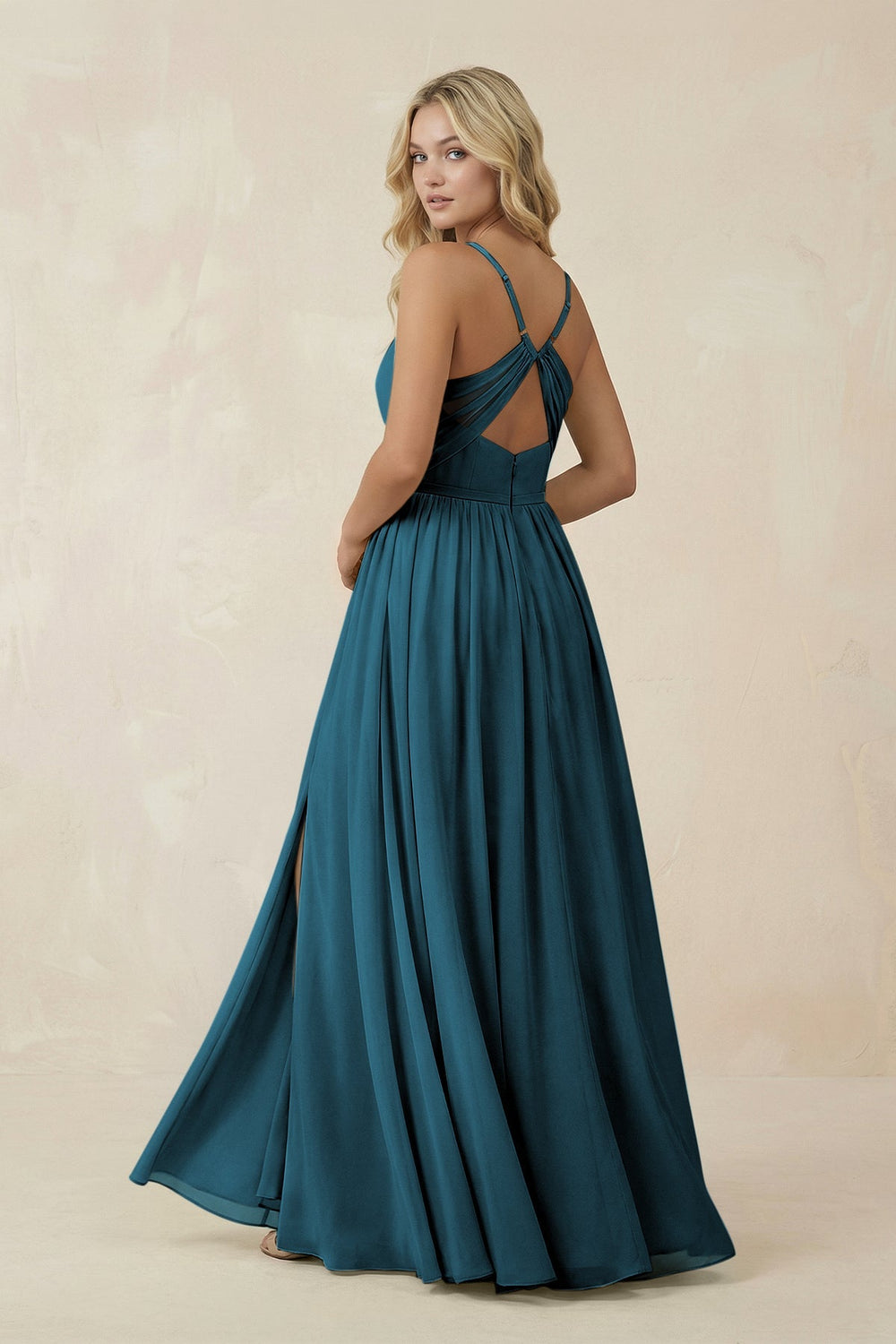 V - Neck Spaghetti Strap A - Line Chiffon Bridesmaid Dress in Dark Teal - SHE IS ME Bridesmaid Dresses