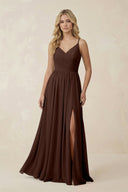 V - Neck Spaghetti Strap A - Line Chiffon Bridesmaid Dress in Espresso - SHE IS ME Bridesmaid Dresses