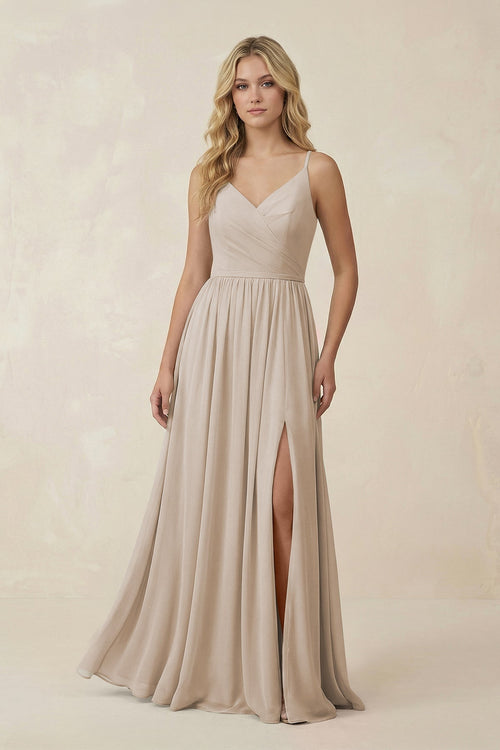 V - Neck Spaghetti Strap A - Line Chiffon Bridesmaid Dress in Frost - SHE IS ME Bridesmaid Dresses