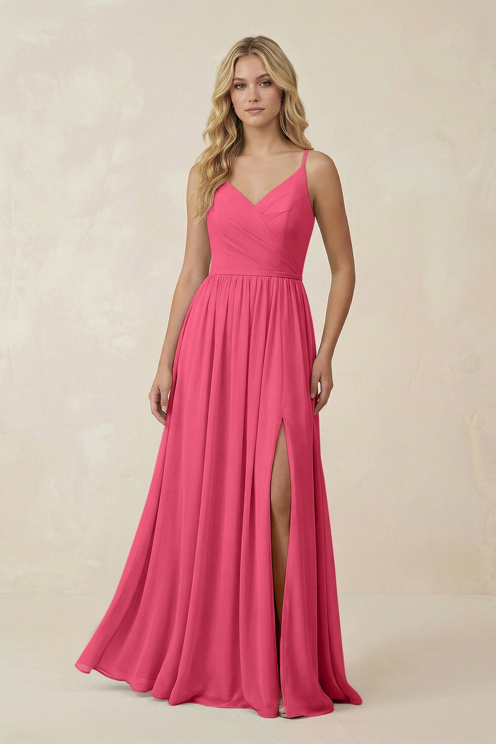 V - Neck Spaghetti Strap A - Line Chiffon Bridesmaid Dress in Fuchsia - SHE IS ME Bridesmaid Dresses