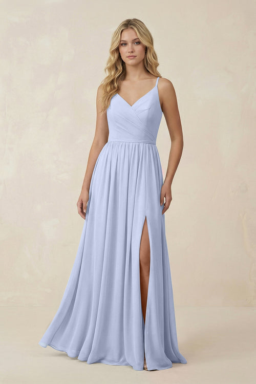 V - Neck Spaghetti Strap A - Line Chiffon Bridesmaid Dress in Ice - SHE IS ME Bridesmaid Dresses