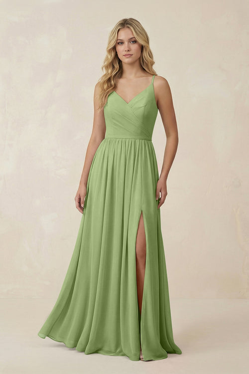 V - Neck Spaghetti Strap A - Line Chiffon Bridesmaid Dress in Matcha - SHE IS ME Bridesmaid Dresses
