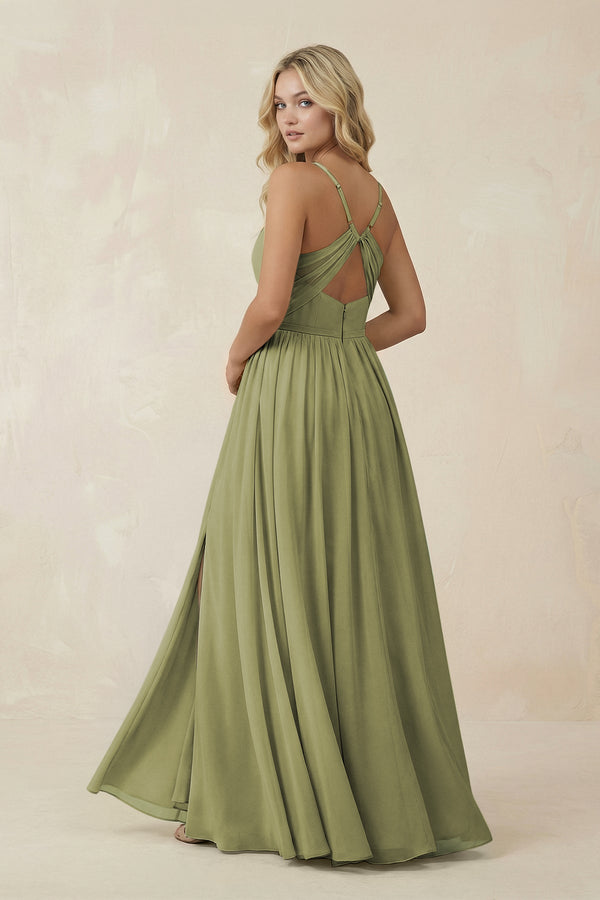 V - Neck Spaghetti Strap A - Line Chiffon Bridesmaid Dress in Moss Green - SHE IS ME Bridesmaid Dresses