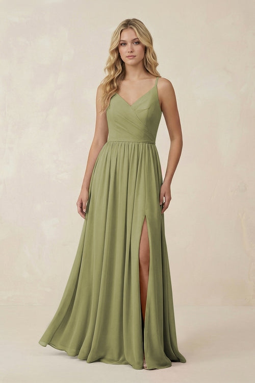 V - Neck Spaghetti Strap A - Line Chiffon Bridesmaid Dress in Moss Green - SHE IS ME Bridesmaid Dresses
