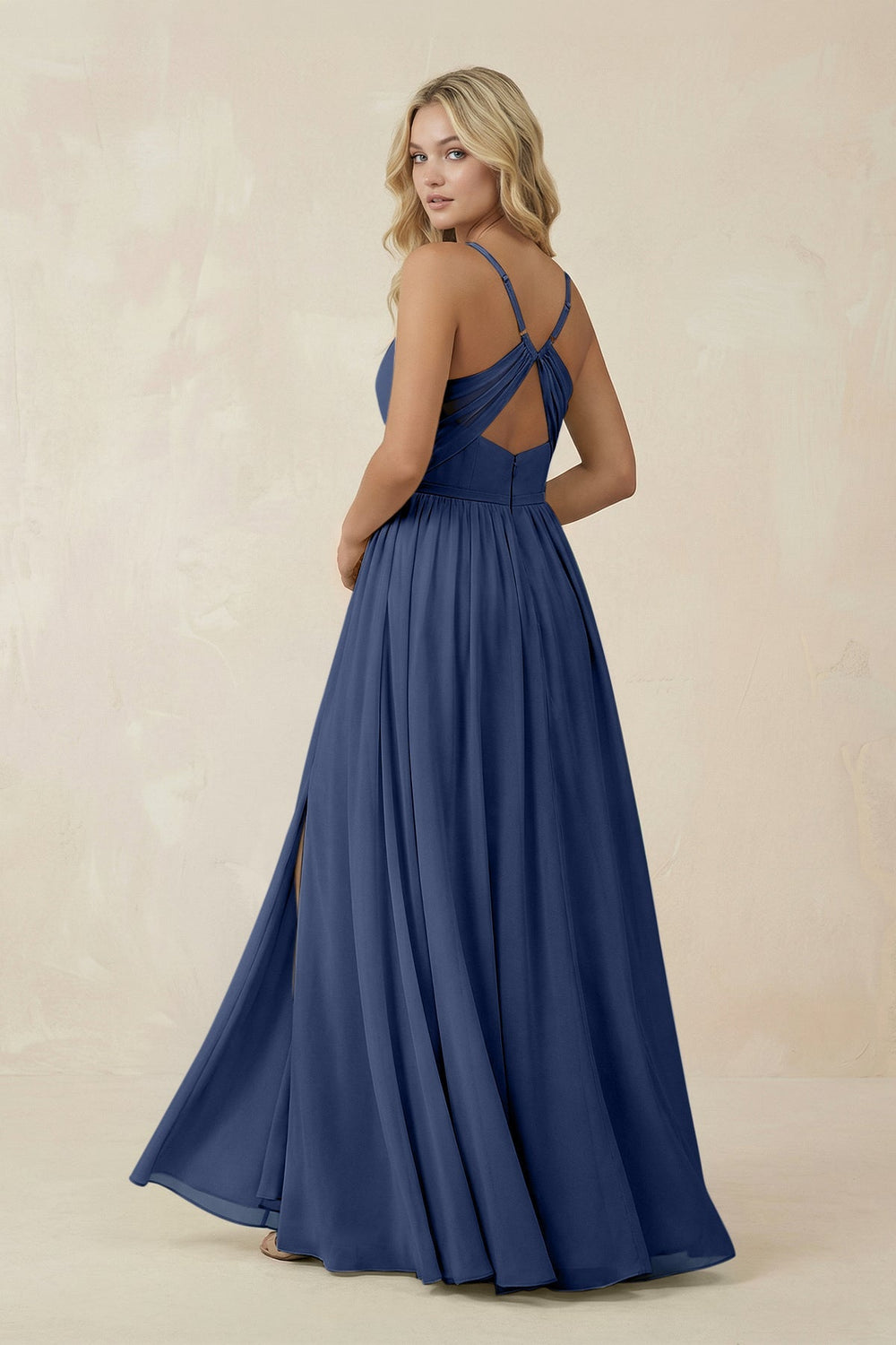 V - Neck Spaghetti Strap A - Line Chiffon Bridesmaid Dress in Navy - SHE IS ME Bridesmaid Dresses