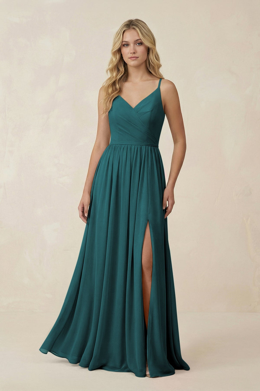 V - Neck Spaghetti Strap A - Line Chiffon Bridesmaid Dress in Pine - SHE IS ME Bridesmaid Dresses