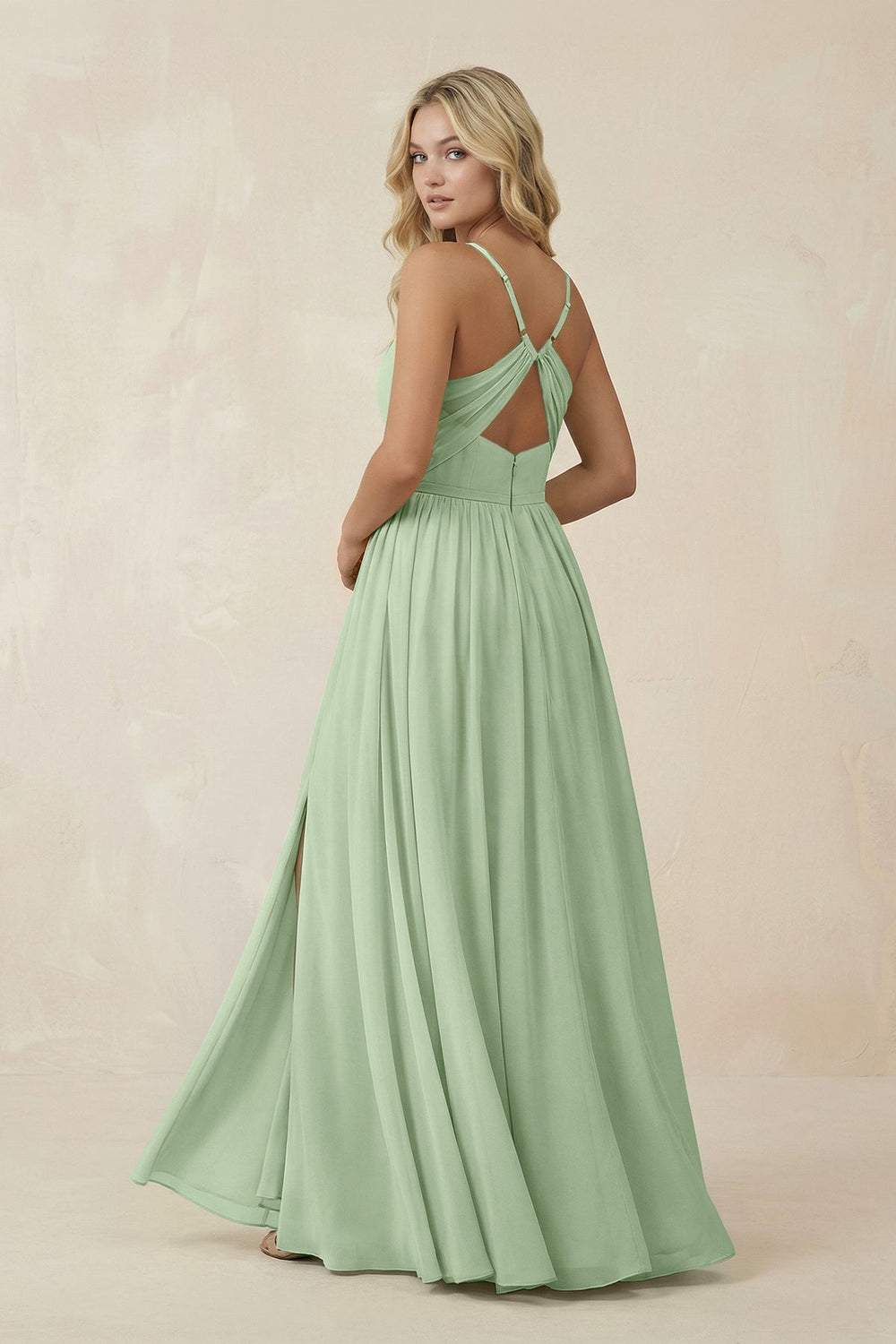 V - Neck Spaghetti Strap A - Line Chiffon Bridesmaid Dress in Sage - SHE IS ME Bridesmaid Dresses