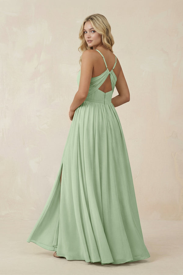 V - Neck Spaghetti Strap A - Line Chiffon Bridesmaid Dress in Sage - SHE IS ME Bridesmaid Dresses