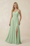 V - Neck Spaghetti Strap A - Line Chiffon Bridesmaid Dress in Sage - SHE IS ME Bridesmaid Dresses
