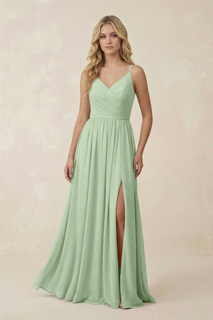 V - Neck Spaghetti Strap A - Line Chiffon Bridesmaid Dress in Sage - SHE IS ME Bridesmaid Dresses