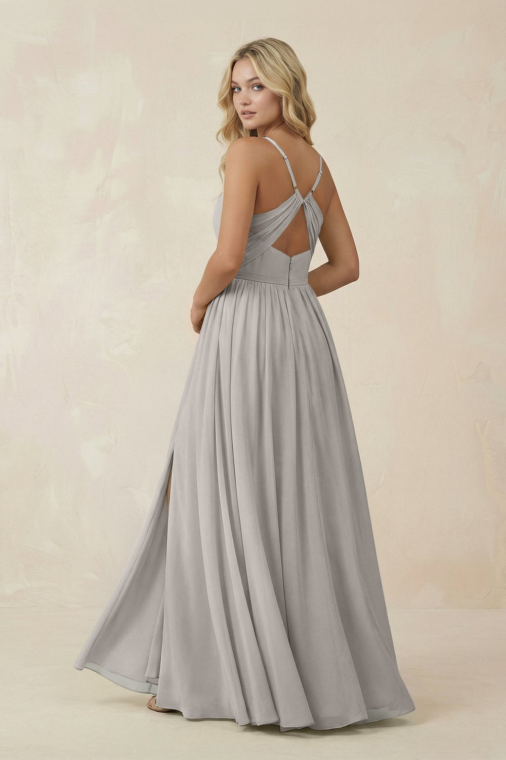 V - Neck Spaghetti Strap A - Line Chiffon Bridesmaid Dress in Silver - SHE IS ME Bridesmaid Dresses