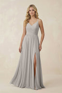 V - Neck Spaghetti Strap A - Line Chiffon Bridesmaid Dress in Silver - SHE IS ME Bridesmaid Dresses