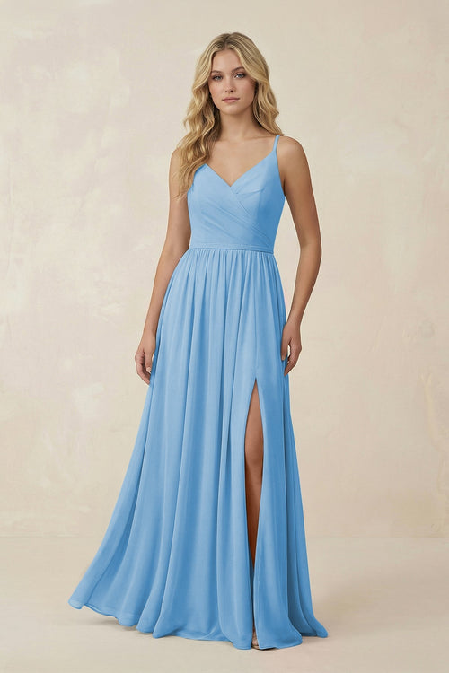 V - Neck Spaghetti Strap A - Line Chiffon Bridesmaid Dress in Steel Blue - SHE IS ME Bridesmaid Dresses