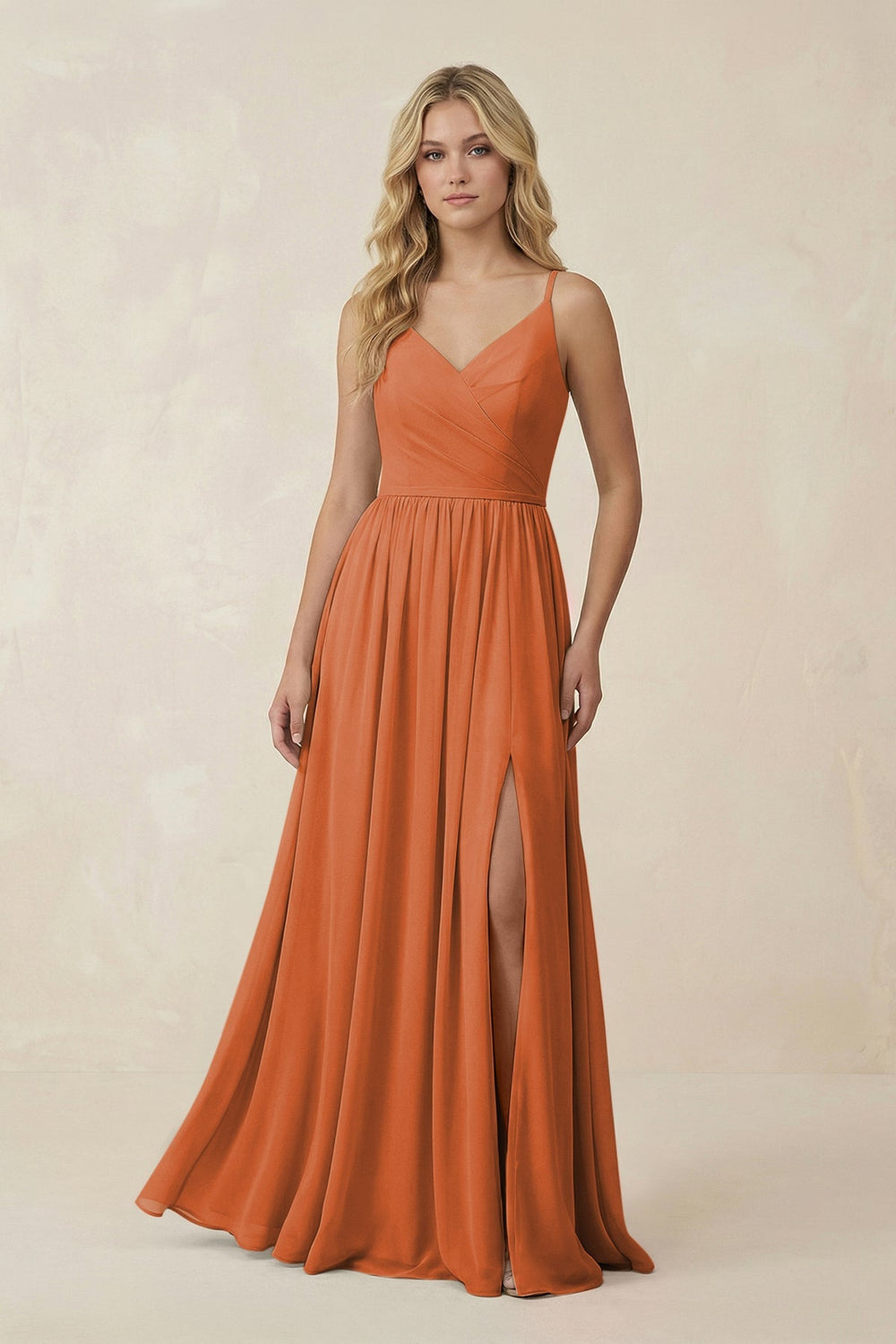V - Neck Spaghetti Strap A - Line Chiffon Bridesmaid Dress in Terracotta - SHE IS ME Bridesmaid Dresses