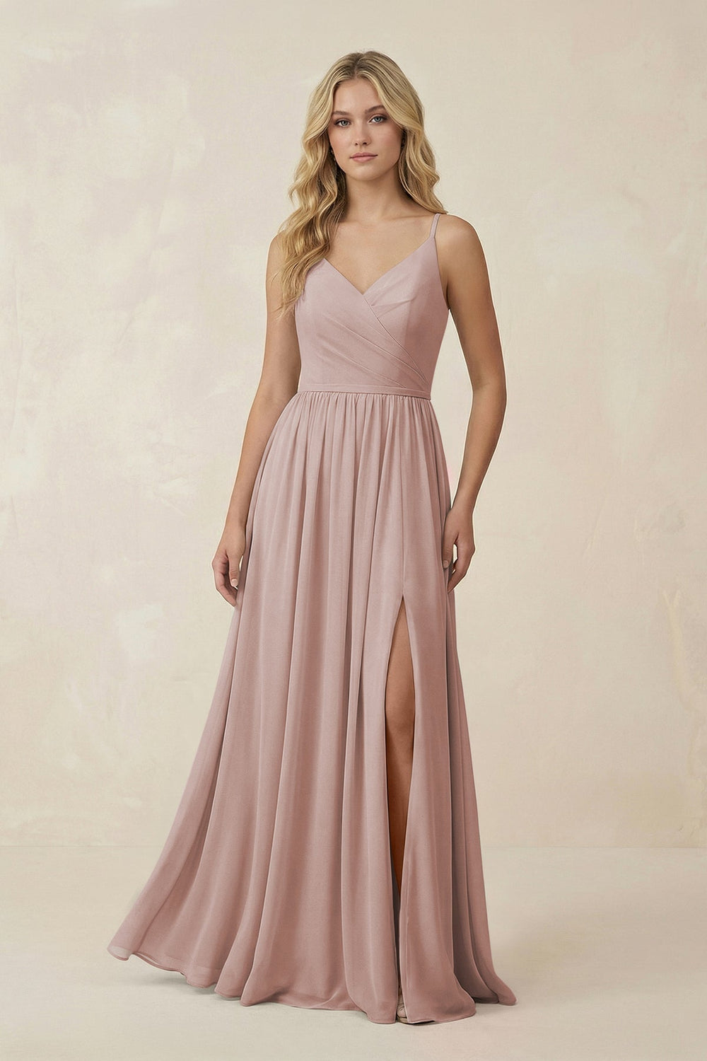 V - Neck Spaghetti Strap A - Line Chiffon Bridesmaid Dress in Toffee - SHE IS ME Bridesmaid Dresses