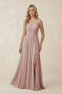 V - Neck Spaghetti Strap A - Line Chiffon Bridesmaid Dress in Toffee - SHE IS ME Bridesmaid Dresses