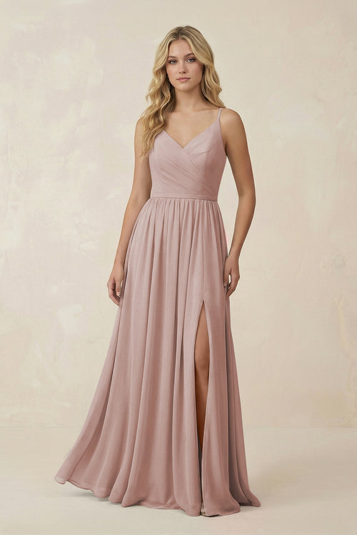 V - Neck Spaghetti Strap A - Line Chiffon Bridesmaid Dress in Toffee - SHE IS ME Bridesmaid Dresses