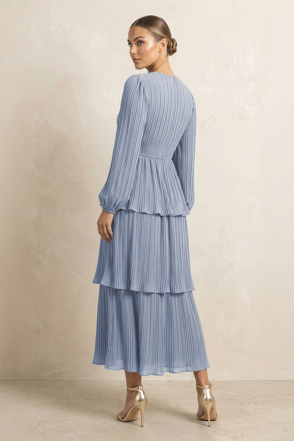 V - Neck Tiered A - Line Chiffon Midi Bridesmaid Dress in Twilight - SHE IS ME Bridesmaid Dresses