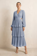 V - Neck Tiered A - Line Chiffon Midi Bridesmaid Dress in Twilight - SHE IS ME Bridesmaid Dresses