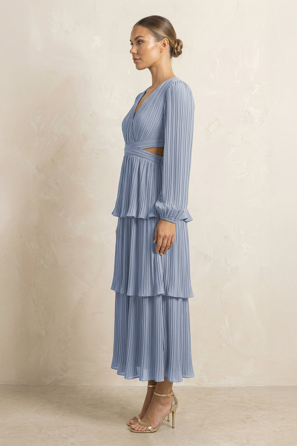 V - Neck Tiered A - Line Chiffon Midi Bridesmaid Dress in Twilight - SHE IS ME Bridesmaid Dresses