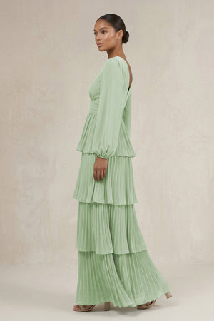 V - Neck Tiered A - Line Long Sleeve Bridesmaid Dress in Sage - SHE IS ME Bridesmaid Dresses