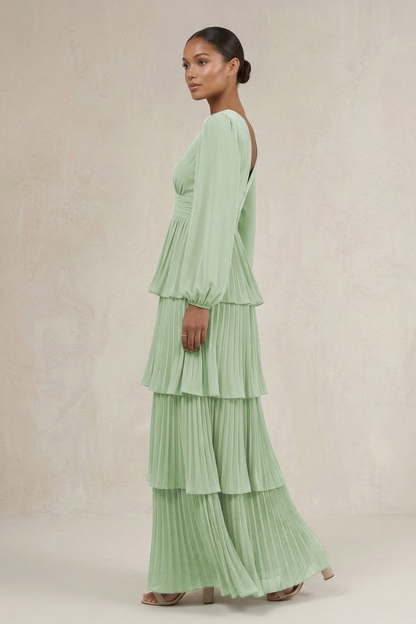 V - Neck Tiered A - Line Long Sleeve Bridesmaid Dress in Sage - SHE IS ME Bridesmaid Dresses