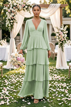V - Neck Tiered A - Line Long Sleeve Bridesmaid Dress in Sage - SHE IS ME Bridesmaid Dresses