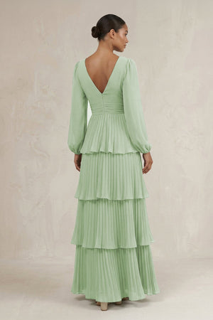 V - Neck Tiered A - Line Long Sleeve Bridesmaid Dress in Sage - SHE IS ME Bridesmaid Dresses