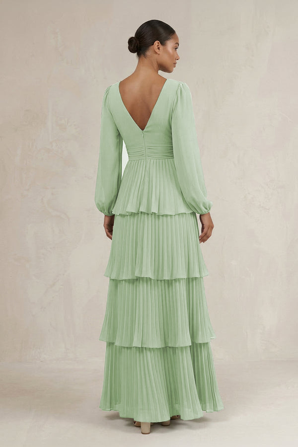 V - Neck Tiered A - Line Long Sleeve Bridesmaid Dress in Sage - SHE IS ME Bridesmaid Dresses