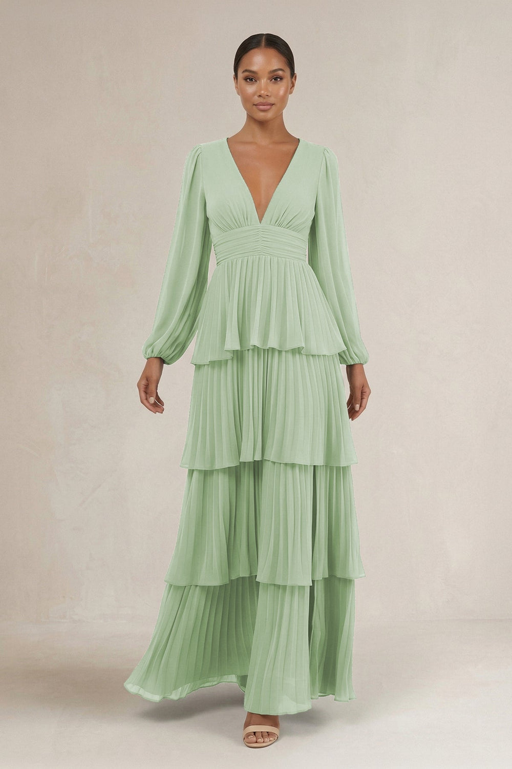V - Neck Tiered A - Line Long Sleeve Bridesmaid Dress in Sage - SHE IS ME Bridesmaid Dresses