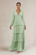 V - Neck Tiered A - Line Long Sleeve Bridesmaid Dress in Sage - SHE IS ME Bridesmaid Dresses