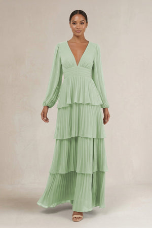 V - Neck Tiered A - Line Long Sleeve Bridesmaid Dress in Sage - SHE IS ME Bridesmaid Dresses