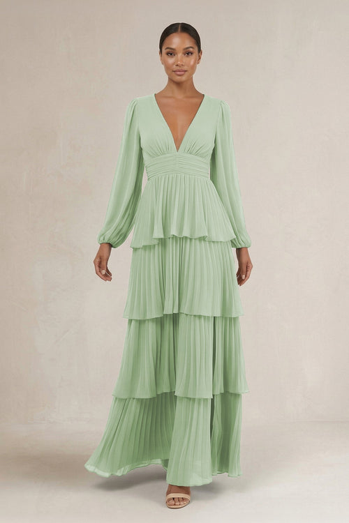 V - Neck Tiered A - Line Long Sleeve Bridesmaid Dress in Sage - SHE IS ME Bridesmaid Dresses