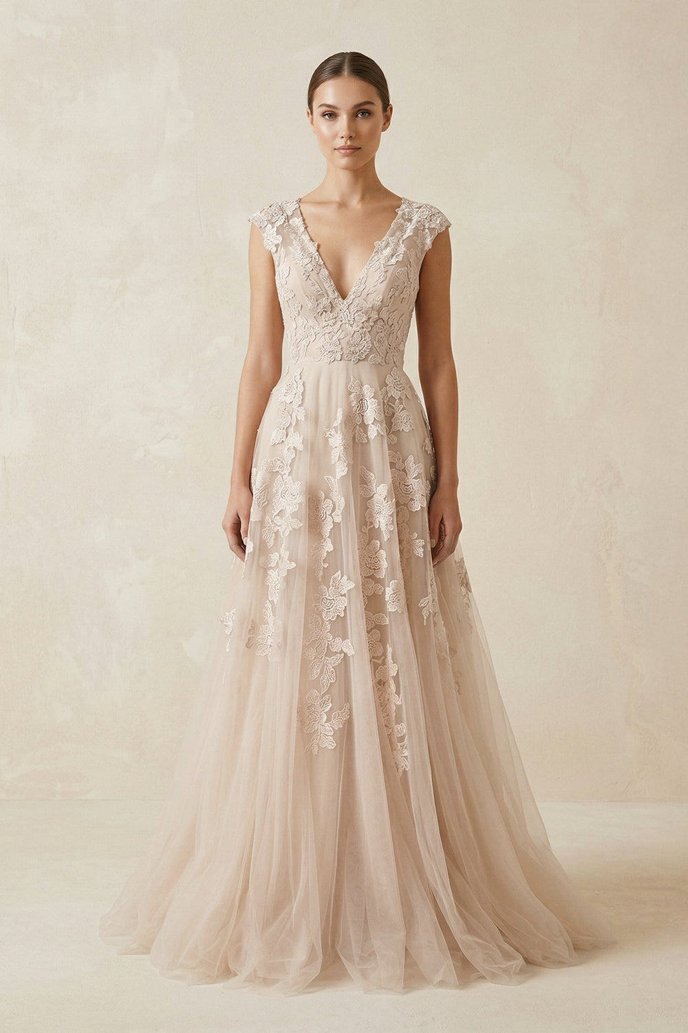 V Neck Tulle A - Line Wedding Dress With Appliques in Champagne - SHE IS ME Wedding Dresses