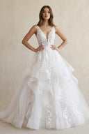 White A - Line V - Neck Wedding Dresses with Appliques - SHE IS ME Wedding Dresses